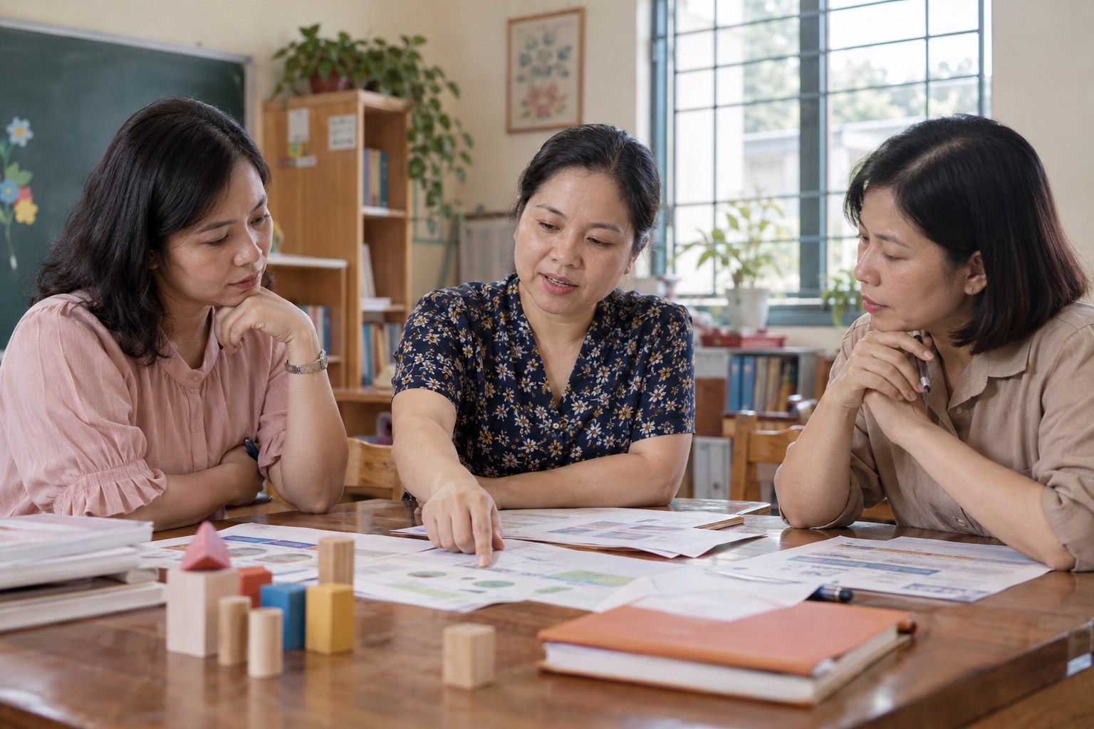 Ảnh minh họa AI: ba nhà giáo cùng xem xét tài liệu và phương án giáo dục trong cuộc họp.